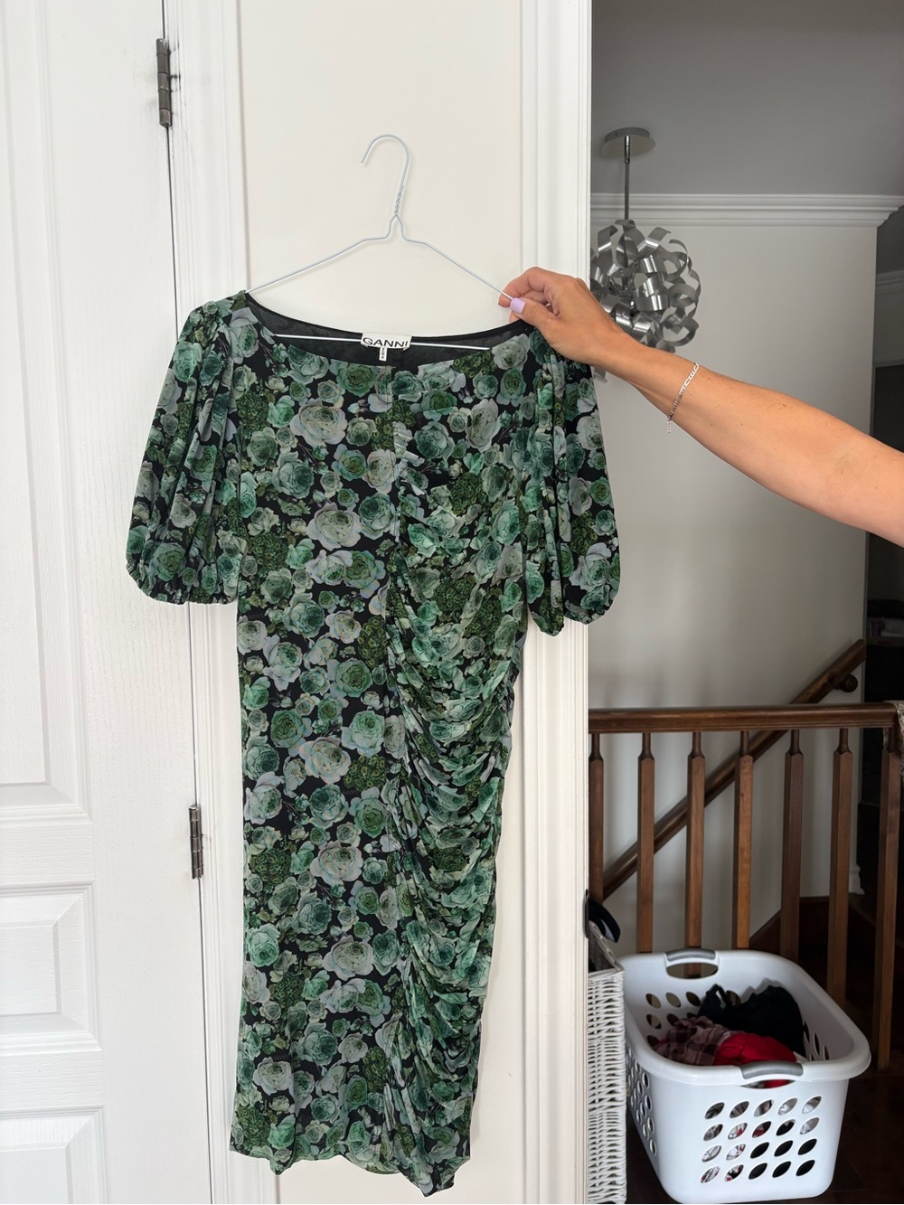 Ganni Green Floral Ruched Midi Dress